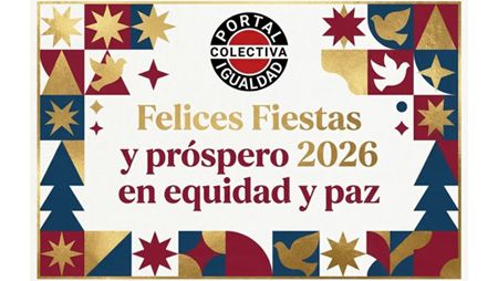 Felicitación Fiestas y Feliz Año 2026 de la Colectiva Portal de Igualdad, diseño de Manola Roig Celda (Nela)